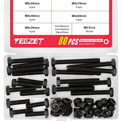 Afbeelding van YEEZET 80 stuks M8 schroeven zeskant sluitringen en moeren assortiment kit (8,8 koolstofstaal)