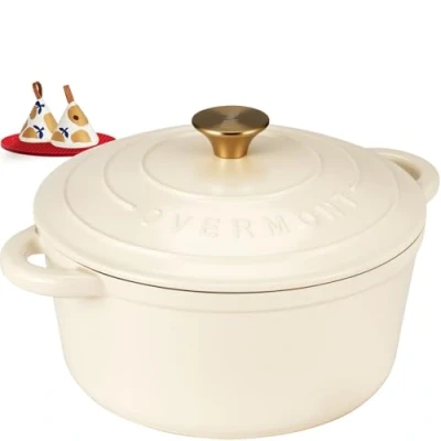 Image de Overmont Cocotte en fonte émaillée 26 cm Passe au four Avec couvercle et livre de recettes Pour la cuisine, cuisson, le ragoût, rôti Blanc