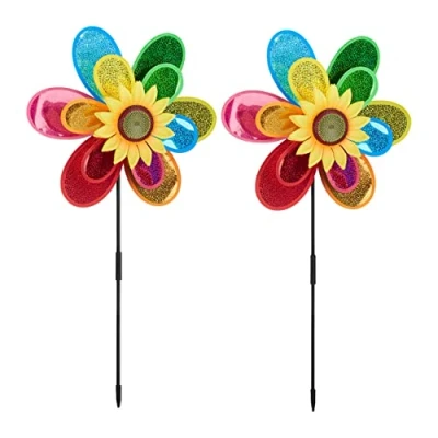 Afbeelding van Relaxdays windmolen set van 2 tuinsteker bloem windspel windspinner tuin kind