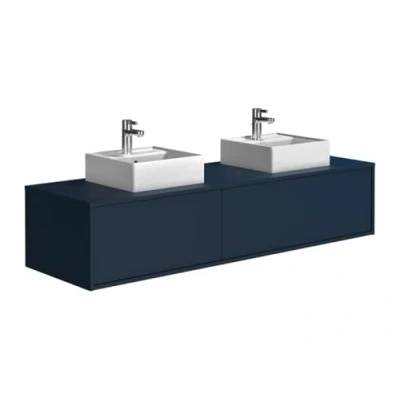 Afbeelding van Hangend nachtblauw badkamermeubel met dubbele wastafel L150 cm ISAURE II L 150 x H 32 D 47