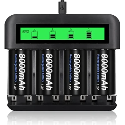 Afbeelding van CITYORK Batterij 4e D Cell 8000mAh met 8 sleuven (AA/AAA/C/D) Ni MH CD oplader (oplader + 4 batterijen)