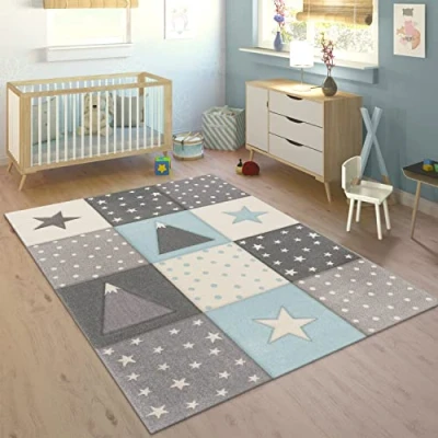 Afbeelding van Paco Home Vloerkleed Kinderkamer Pastelkleuren Geruit Punten Maan Sterren Wit/Grijs Blauw 240x340 cm
