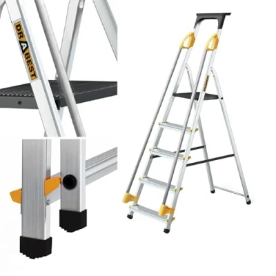 Afbeelding van Drabest Ladders PRO SERIE Aluminium Huishoudelijke Ladder 5 Trappen Met Leuning Handen 150 KG Trapladder Multifunctionele Vouwladder 45x170x12Cm