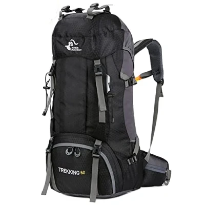 Afbeelding van Bseash Wandelrugzak, licht, waterdicht, 60 liter, met regenhoes, reisrugzak voor klimmen, kamperen en wandelen, zwart.