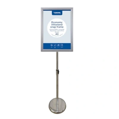 Afbeelding van Europel Economy infostand kliklijst Zilver A3 (29,7 x 42 cm) Frame 25mm Verstelbare hoogte Draaibare Stabiele ronde voet Ideaal voor Beurzen
