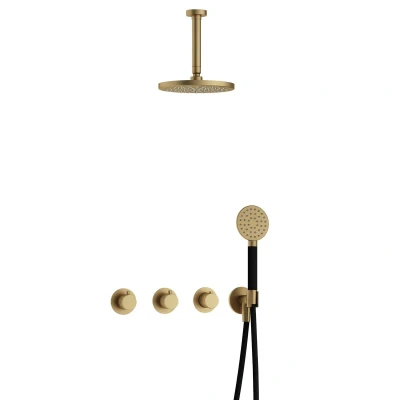 Afbeelding van Hotbath Cobber Regendoucheset IBS70 Geborsteld Messing Ronde handdouche 20cm Hoofddouche 15cm Plafondbuis Handouche met wandhouder