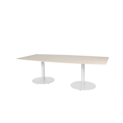 Afbeelding van Linesto 240x120cm tonvormige vergadertafel op vaste hoogte (74cm) met robson eiken 25mm blad en witte (RAL9010) trompetvoeten