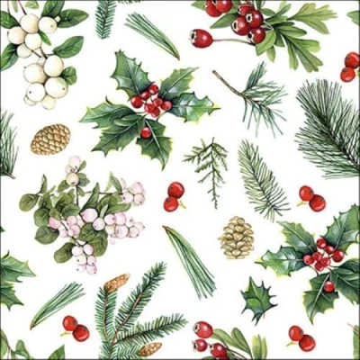 Afbeelding van 1 Pakje papieren lunch kerstservetten Winter greenery white