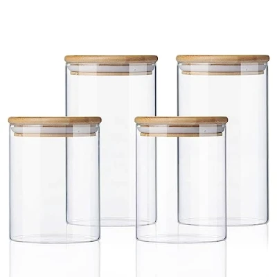 Afbeelding van Set van 4 voorraadpotten met bamboedeksel, 800/1200 ml, luchtdicht, versterkt borosilicaatglas, keukencontainer