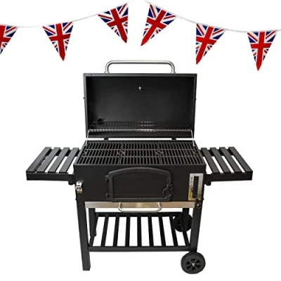 Afbeelding van XXL houtskoolgrill, draagbaar, verstelbaar, roestvrij staal, thermometer, zijplanken, ophanghaken, flesopener, wielen en wimpels, Union Jack 25 driehoekige vlaggen, 10 m, dubbelzijdig