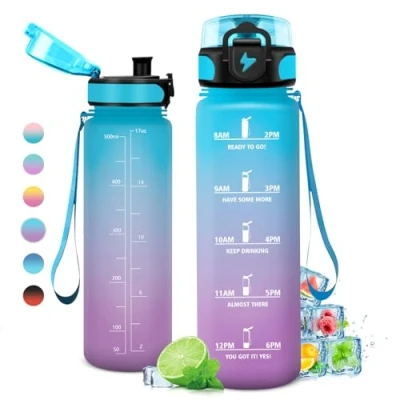 Afbeelding van KollyKolla Drinkfles voor kinderen, 500 ml, met tijdsaanduiding en filter, lekvrij, koolzuurhoudende dranken, geschikt fiets, school, meisjes, sport