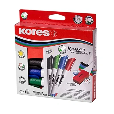 Afbeelding van Whiteboard &amp; Flipover markers Kores XW2, beitelvormige punt 3 5mm 4 stuks en wisser