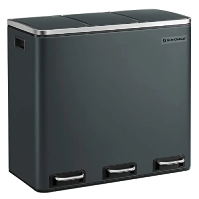 Afbeelding van SONGMICS Keukenafvalemmer, afvalscheidingssysteem, 3 x 18L, pedaalemmer met compartimenten, afvalemmer, softclose, voetpedalen, kunststof binnenemmers en handgrepen, rookgrijs