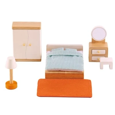 Image de Hape Chambre Parentale pour Maison de Poupée en Bois Accessoires des Parents Enfant 3 ans et plus 9 pièces Couverture, Oreillers, Tapis Jeu Rôle