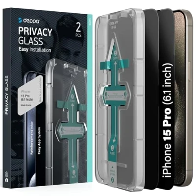 Afbeelding van Deppa [2 stuks] Gehard glas tegen spionage iPhone 15 Pro (6,1 inch) [volledige afdekking] met eenvoudige installatieset displaybeschermfolie [video installatiehandleiding]