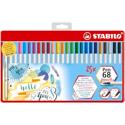 Afbeelding van STABILO Pen 68 brush, metalen doos van 25 stuks in geassorteerde kleuren