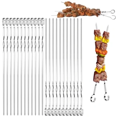 Afbeelding van Mino Plus 24 stuks grillspiesen, platte spiesen, 30 cm lang, herbruikbare roestvrijstalen voor barbecue, vleesgrillen, groenten