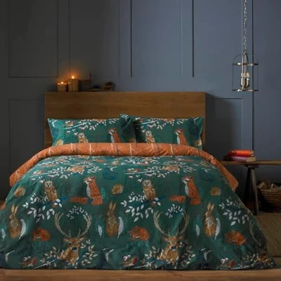 Afbeelding van furn. Beddengoedset met dekbedovertrek en bosfauna, smaragd, kingsize