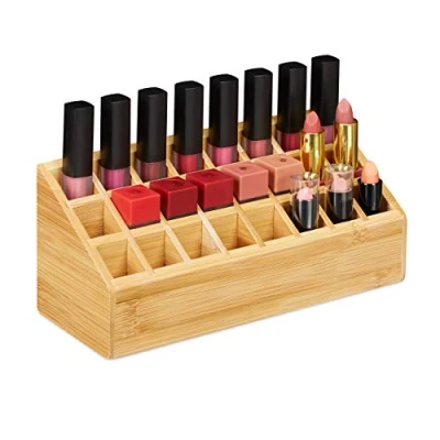 Afbeelding van Relaxdays lippenstift houder bamboe organizer 24 vakken make up