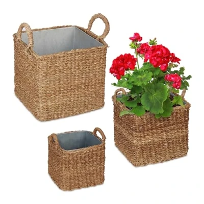 Afbeelding van Relaxdays 3x plantenmand met zinken bak gevlochten bloempot buiten zeegras plantenpot