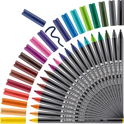 Afbeelding van edding 1300/20 S tekenstift set 20 stuks in verschillende kleuren ronde punt 2mm om te schrijven en schetsen, voor lay outwerk op gekleurd licht papier o.a. verjaardagskaarten, briefkaarten of notities