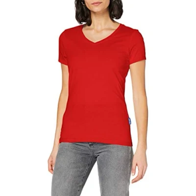 Afbeelding van HRM Luxe T shirt voor dames V hals 100% biologisch katoen Basic Wasbaar tot 60 C Hoogwaardige en duurzame tops dames, rood, XL, Rood