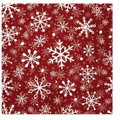 Afbeelding van 20 servetten sneeuwvlokken wit op rood winter Kerstmis tafeldecoratie 33x33cm