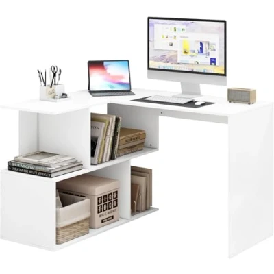 Afbeelding van WOLTU TS64ws Bureautafel van spaanplaat, werktafel, pc, computertafel met planken, 120 x 100 77 cm, wit