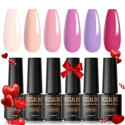Image de ROSALIND Lot de vernis à ongles semi permanents, mini d’été, 6 couleurs pastel, chair, rose, pourpre, gel Soak Off UV/LED, kit manucure pour la maison ou salon