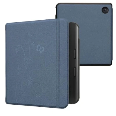 Afbeelding van kwmobile E reader hoesje geschikt voor Kobo Libra Colour hoes flip case met magnetische sluiting Ereader cover Stengels en Vlinder design in donkerblauw