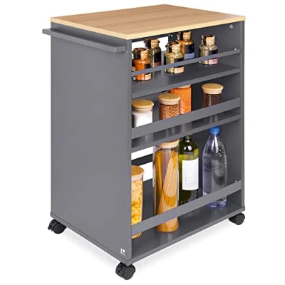 Afbeelding van bomoe Bengt Keukentrolley op Wieltjes 50x79x38 cm Serveerwagen Hout met 3 Planken &amp; FSC® werkblad Antraciet Eik