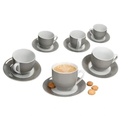 Afbeelding van MamboCat Variant Grijze koffiekopjes met schoteltjes voor 6 personen, kleurrijk porseleinen servies ontbijt en koffie, theekopjes van 200 ml schoteltjes, chique