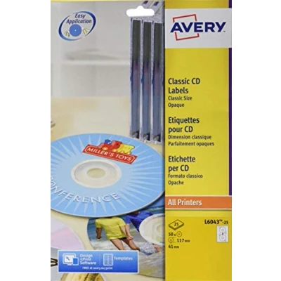 Afbeelding van AVERY Verpakking met 50 zelfklevende cd etiketten, personaliseerbaar en bedrukbaar, diameter 117 mm, laserdruk, (L6043 25)