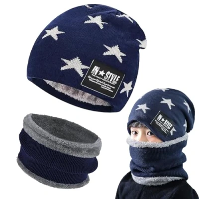 Afbeelding van Gxlaihly wintermuts voor kinderen, set van hoed en nekwarmer, elastische muts, jongens meisjes (voor 15 jaar), Blauw
