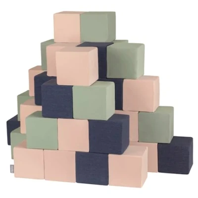 Afbeelding van KiddyMoon Lot de 48 cubes en mousse pour bébé Jouets Montessori avec et beaucoup plaisir les enfants, fabriqué dans l&#039;UE, blocs : bleu foncé/beige/sauge