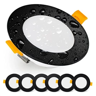 Afbeelding van Emos Exclusieve led inbouwspot, downlight, plafondspots, IP54, voor badkamer, vochtige ruimtes, neutraal wit, 4000 K, 6 stuks, extra plat, rond, 5 watt (5 W) / 500 lumen, zwart