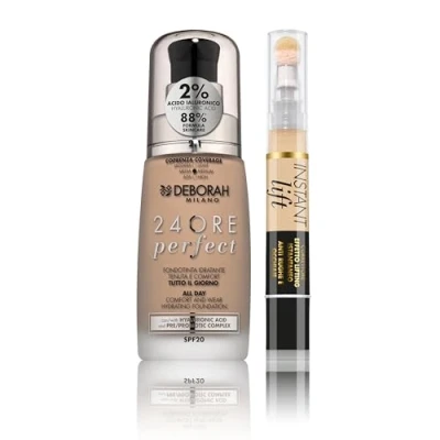 Afbeelding van Deborah Milano Perfect, 24 uur vloeibare make upset, SPF 20, N.2.1 vanille, met hyaluronzuur, 30 ml en Instant Lift Concealer, 2,1 licht, lichteffect anti rimpel, 4,2 g
