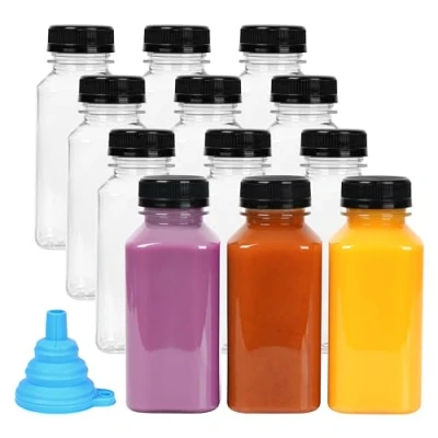 Afbeelding van Winter Shore Kleine lege kunststof flessen 270 ml [12 stuks] transparante sensorische lekvrije sluiting en trechter fles sap, water, smoothies ideaal voor mini koelkast