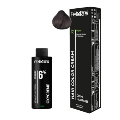 Afbeelding van Femmas Haarverfset lichtbruin 5 I Hair Color Cream 100 ml + oxycreme 6% permanente haarkleur ontwikkelaar zacht en duurzaam haarverf voor salon