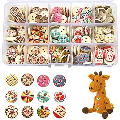 Afbeelding van Houten Knoppen Gemengd Patroon Gemengde Ronde Vormen Met Plastic Opbergdoos Voor Naaien Ambachten Scrapbooking En Doe het zelf Handgemaakt Ornament (15 Mm) 225 Stuks