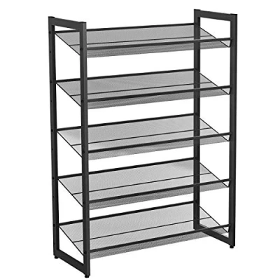 Afbeelding van Stapelbaar 5 Laags Schoenenrek voor 20 Paar Schoenen, uit te breiden naar: 40 Schoenen Rek met instelbare platte of schuine planken Stapelbare Schappen Ook Gebruiken als Kast Lectuur Afm. 74 x 104,5 31 cm. ZWART
