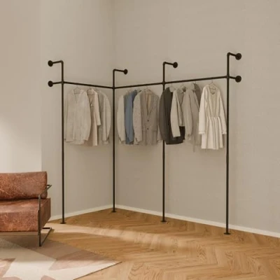 Afbeelding van pamo Kim III Edge industriële kledingstang Loft Design Over de hoekkast voor wandgarderobe I Slaapkamer Kledingrek van stabiele zwarte buizen