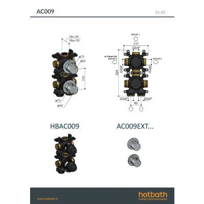 Afbeelding van Hotbath Afbouwdeel Inbouw thermostaat met 2 weg stop omstel Geborsteld Koper PVD AC009EXTBCP