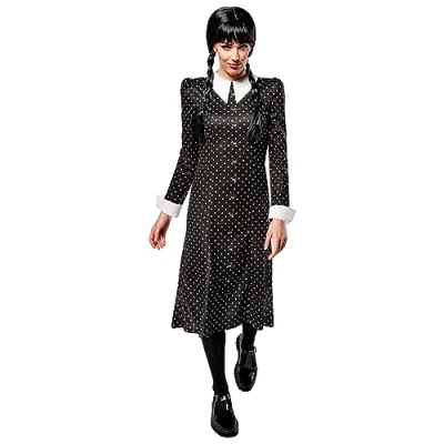 Afbeelding van Rubie&#039;s Wednesday Addams kostuum voor dames, bedrukte jurk met kraag, officieel Halloween, carnaval en cosplay