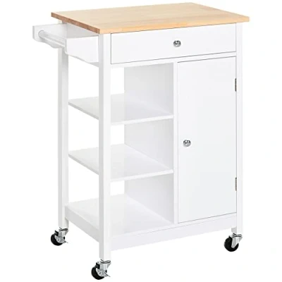 Afbeelding van HOMCOM Keukenwagen, serveerwagen, opbergwagen op wielen met kast, lade, 3 open planken en handdoekhouder, 66 x 39,5 86,5 cm, wit
