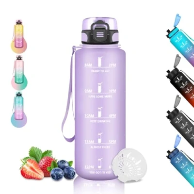 Afbeelding van 1,5 liter waterfles, motiverende drinkfles zonder verlies, gegradueerde drinkfles, tijdschaal, gemakkelijk te reinigen, sportfles, camping, trekking, yoga, paars