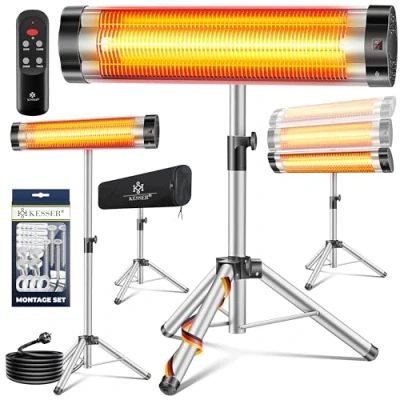 Afbeelding van KESSER® Infraroodverwarming terraskachel, 2500 W, met afstandsbediening en beschermhoes, in hoogte verstelbaar telescopisch statief, terrasverwarming, kwartsverwarming, infrarood