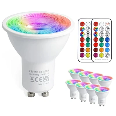 Afbeelding van VARICART Ledlampen, GU10, 6 W, 12 kleuren, kleurverandering, RGBW, dimbaar, met afstandsbediening, RGB, warmwit, 3000 K, 50 Equiv. voor raillamp, wandlamp (8 stuks)