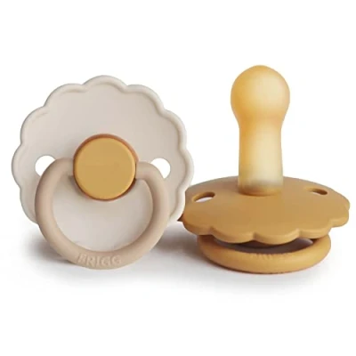 Afbeelding van FRIGG Daisy 2 stuks fopspenen latex fopspeen gemaakt in Denemarken BPA vrij symmetrische kersenspeen (Chamomile/Honey Gold, maat (6 18 maanden))