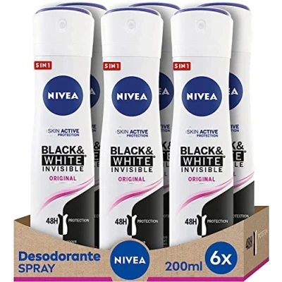 Afbeelding van NIVEA Black &amp; White Invisible Original Spray 6 stuks (6 x 200 ml) anti vlek deodorant vrouwelijke verzorging ter bescherming van huid en kleding